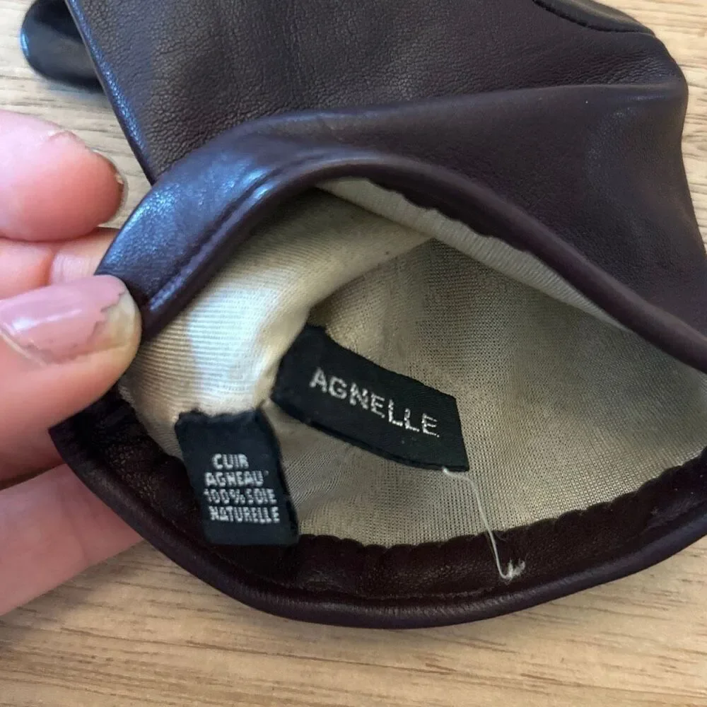 Agnelle made in France genuine leather  brown lace up gloves